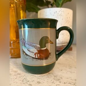 Vintage Otagiri Mallard Duck Mug Cup Japan Forest Green Gold Trim